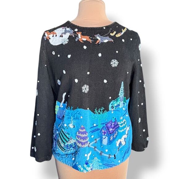 Vintage Michael Simon Event XL Holiday Village Sweater Black Blue Bead  Applique - Picture 5 of 13